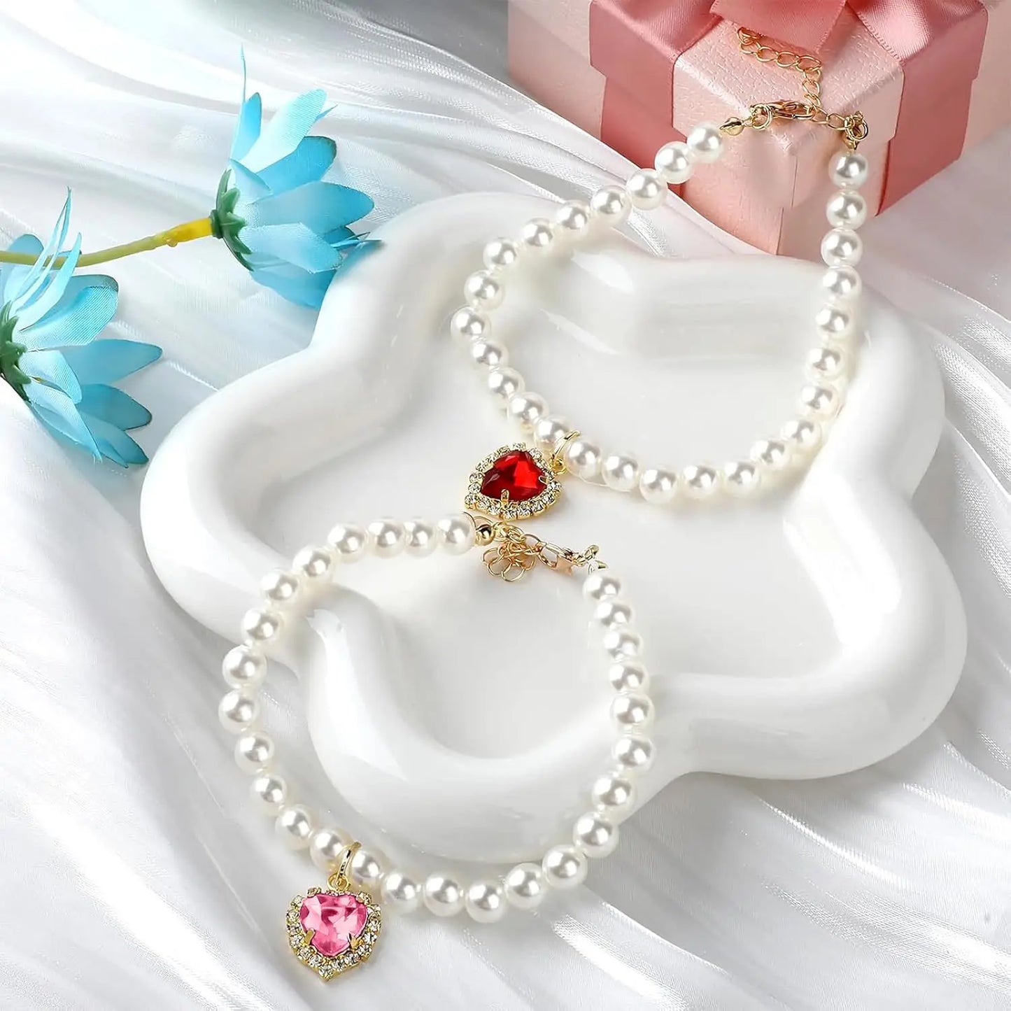 Cat Costume 2-Pack Adjustable Pearl Collars with Heart-Shaped Rhinestones - Cute Pet Neck Accessories for Weddings, Parties