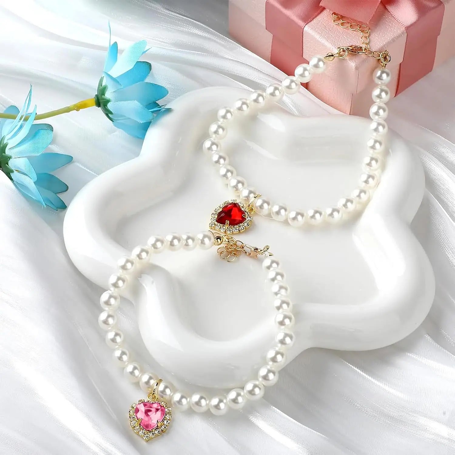 Cat Costume 2-Pack Adjustable Pearl Collars with Heart-Shaped Rhinestones - Cute Pet Neck Accessories for Weddings, Parties
