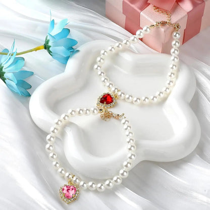 Cat Costume 2-Pack Adjustable Pearl Collars with Heart-Shaped Rhinestones - Cute Pet Neck Accessories for Weddings, Parties