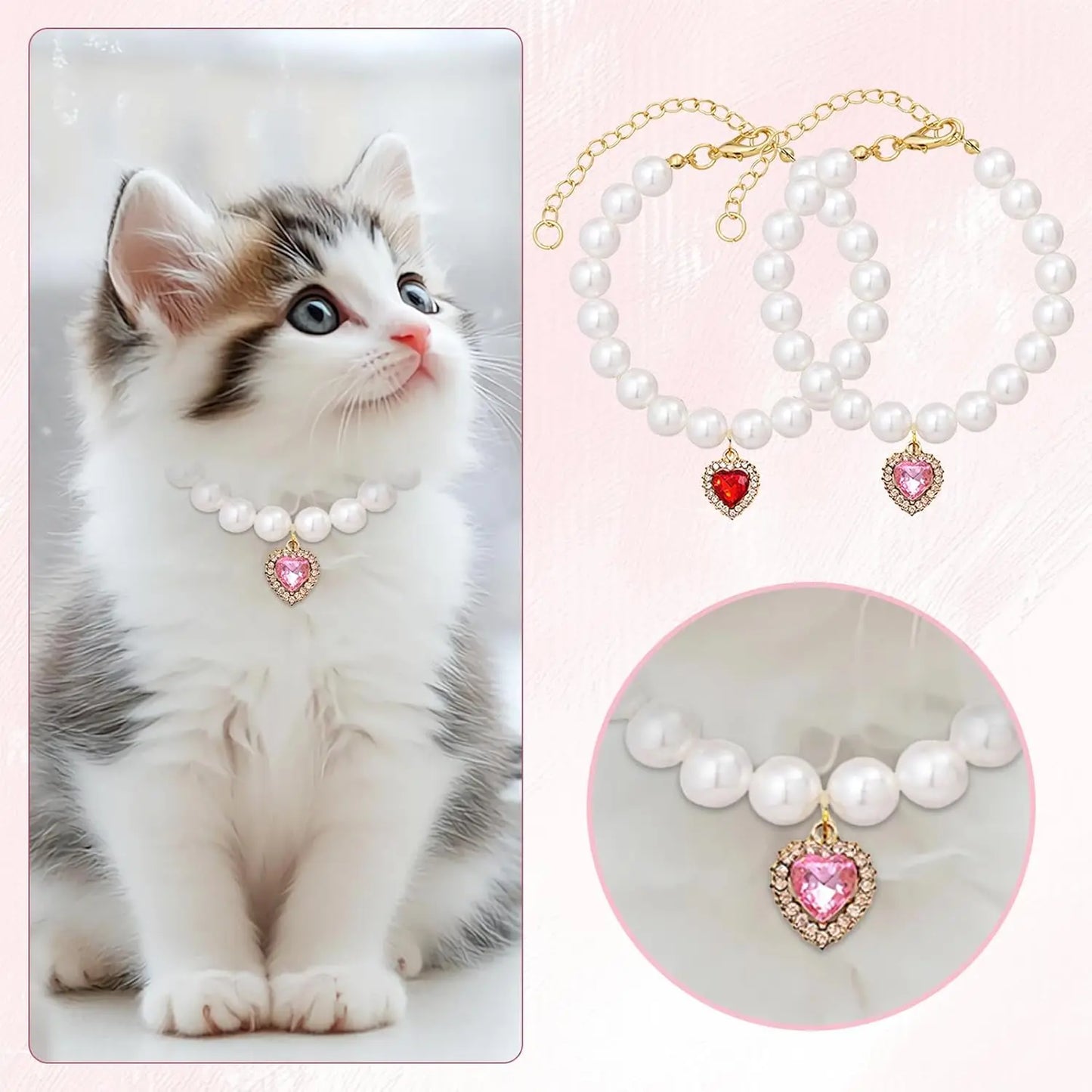 Cat Costume 2-Pack Adjustable Pearl Collars with Heart-Shaped Rhinestones - Cute Pet Neck Accessories for Weddings, Parties