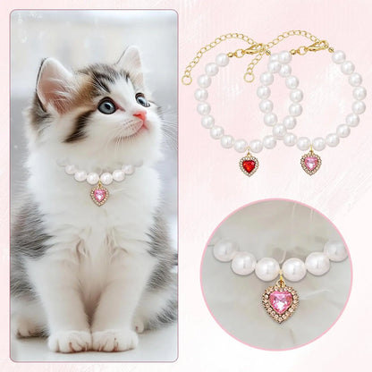 Cat Costume 2-Pack Adjustable Pearl Collars with Heart-Shaped Rhinestones - Cute Pet Neck Accessories for Weddings, Parties