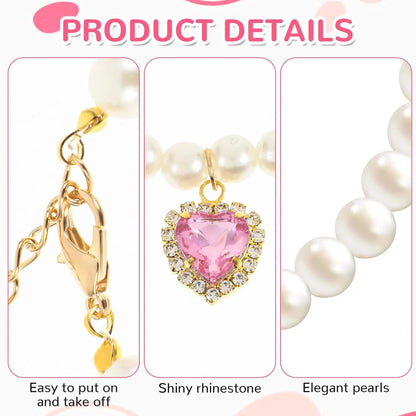 Cat Costume 2-Pack Adjustable Pearl Collars with Heart-Shaped Rhinestones - Cute Pet Neck Accessories for Weddings, Parties