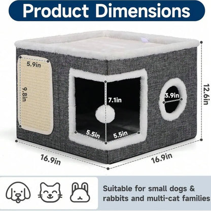 A Cat Bed Suitable for Indoor Cats, with a Large Cat Hole for a Comfortable Apartment, Fluffy Hanging Balls, round Windows, a Foldable Indoor Cat House, Capable of Bearing up to 30 Pounds , with Double-Sided Soft Cushions, Suitable for All Seasons Home