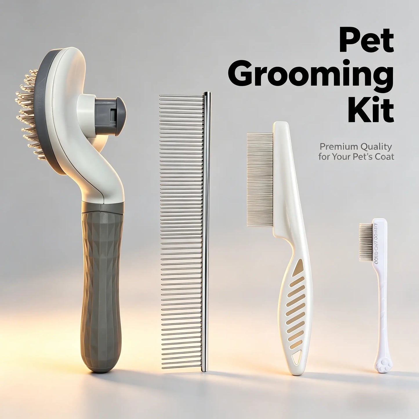 Professional Pet Grooming Kit - 4-Piece Shedding Tools Set Including Self-Cleaning Slicker Brush, Dual-Sided Stainless Steel Dematting Comb, Tear Stain Comb, and Fur Removal Tool for Dogs and Cats with Long or Short Hair