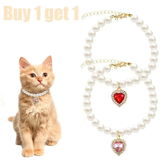Cat Costume 2-Pack Adjustable Pearl Collars with Heart-Shaped Rhinestones - Cute Pet Neck Accessories for Weddings, Parties