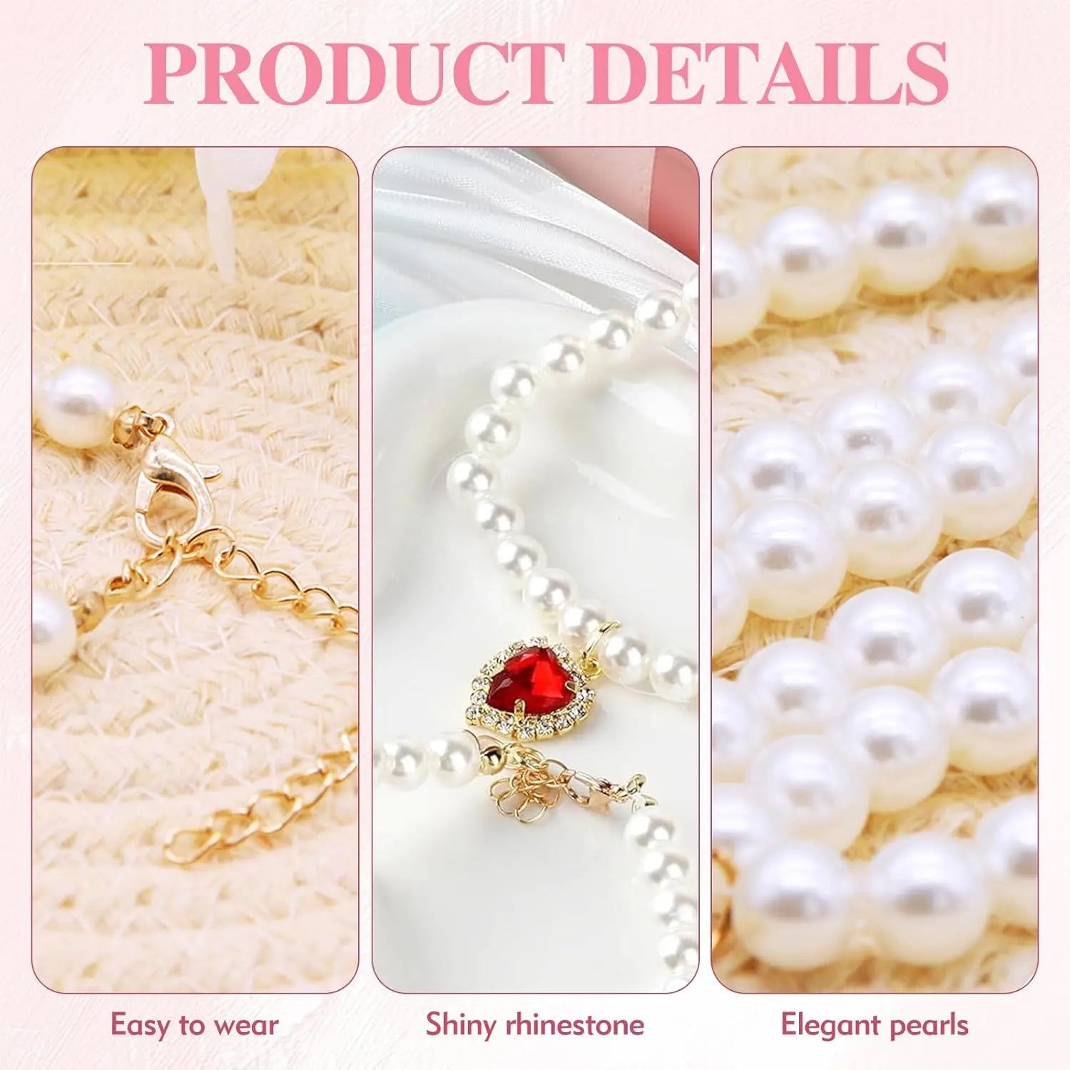 Cat Costume 2-Pack Adjustable Pearl Collars with Heart-Shaped Rhinestones - Cute Pet Neck Accessories for Weddings, Parties