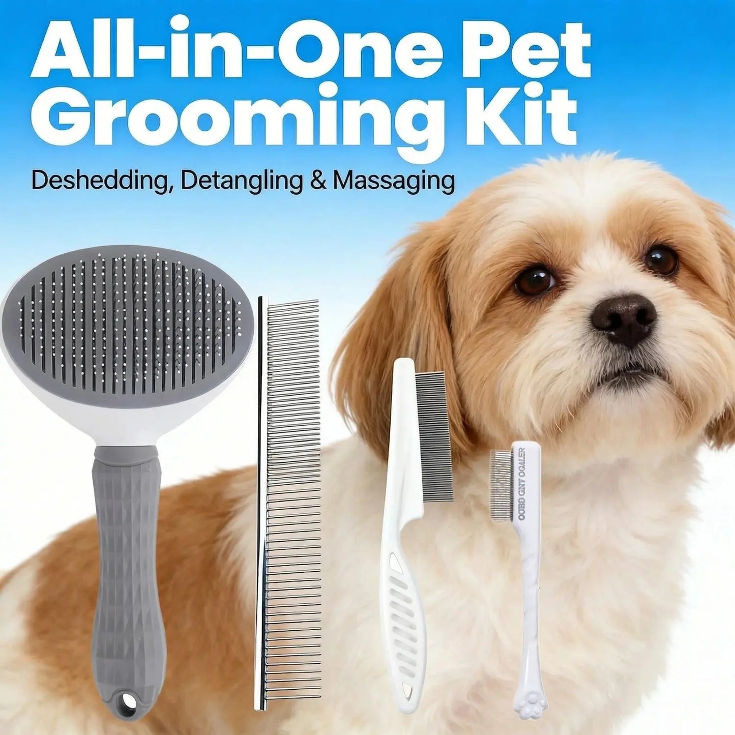 Professional Pet Grooming Kit - 4-Piece Shedding Tools Set Including Self-Cleaning Slicker Brush, Dual-Sided Stainless Steel Dematting Comb, Tear Stain Comb, and Fur Removal Tool for Dogs and Cats with Long or Short Hair