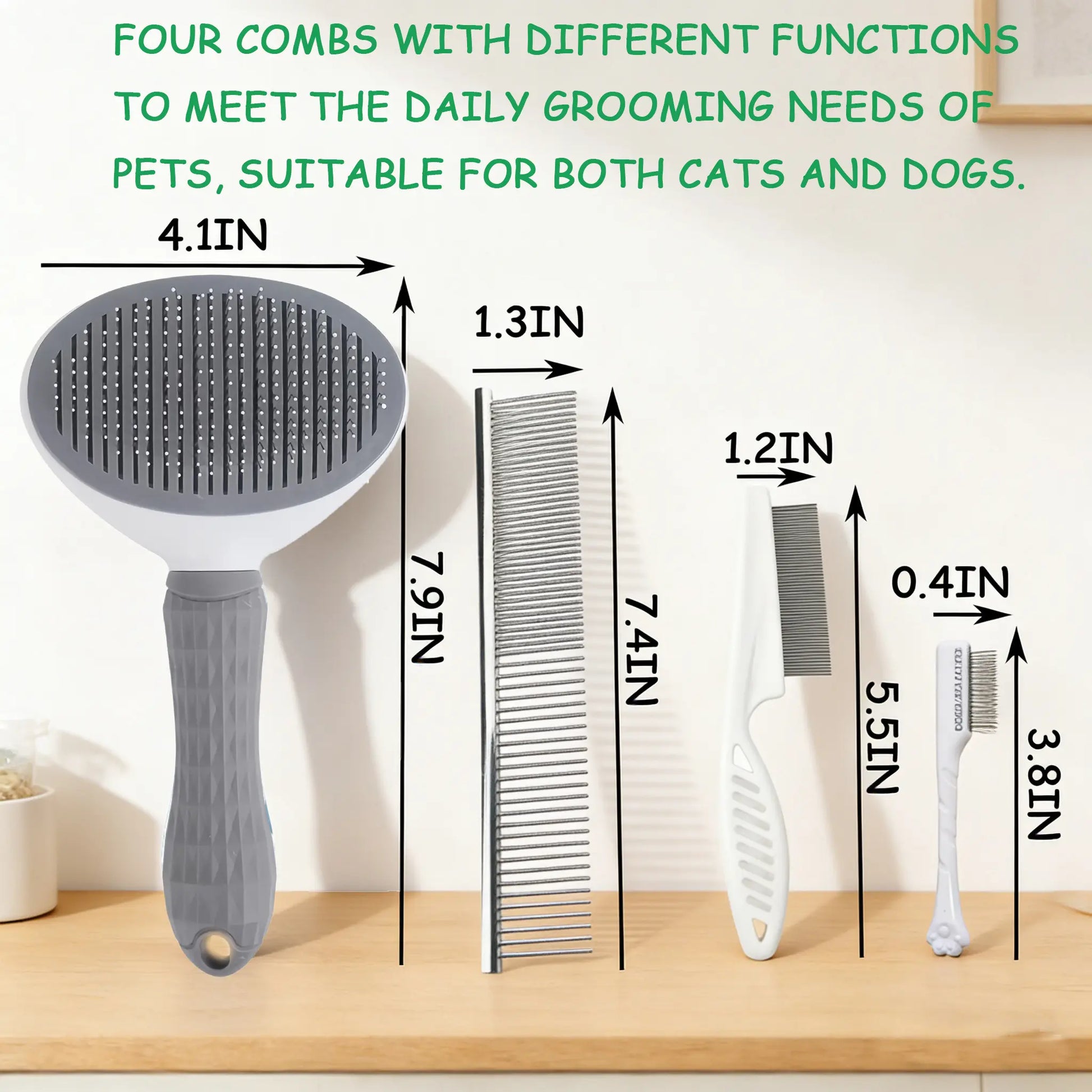 Professional Pet Grooming Kit - 4-Piece Shedding Tools Set Including Self-Cleaning Slicker Brush, Dual-Sided Stainless Steel Dematting Comb, Tear Stain Comb, and Fur Removal Tool for Dogs and Cats with Long or Short Hair