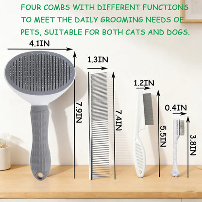 Professional Pet Grooming Kit - 4-Piece Shedding Tools Set Including Self-Cleaning Slicker Brush, Dual-Sided Stainless Steel Dematting Comb, Tear Stain Comb, and Fur Removal Tool for Dogs and Cats with Long or Short Hair