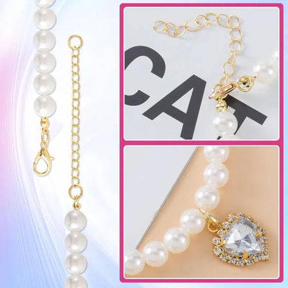 Cat Costume 2-Pack Adjustable Pearl Collars with Heart-Shaped Rhinestones - Cute Pet Neck Accessories for Weddings, Parties
