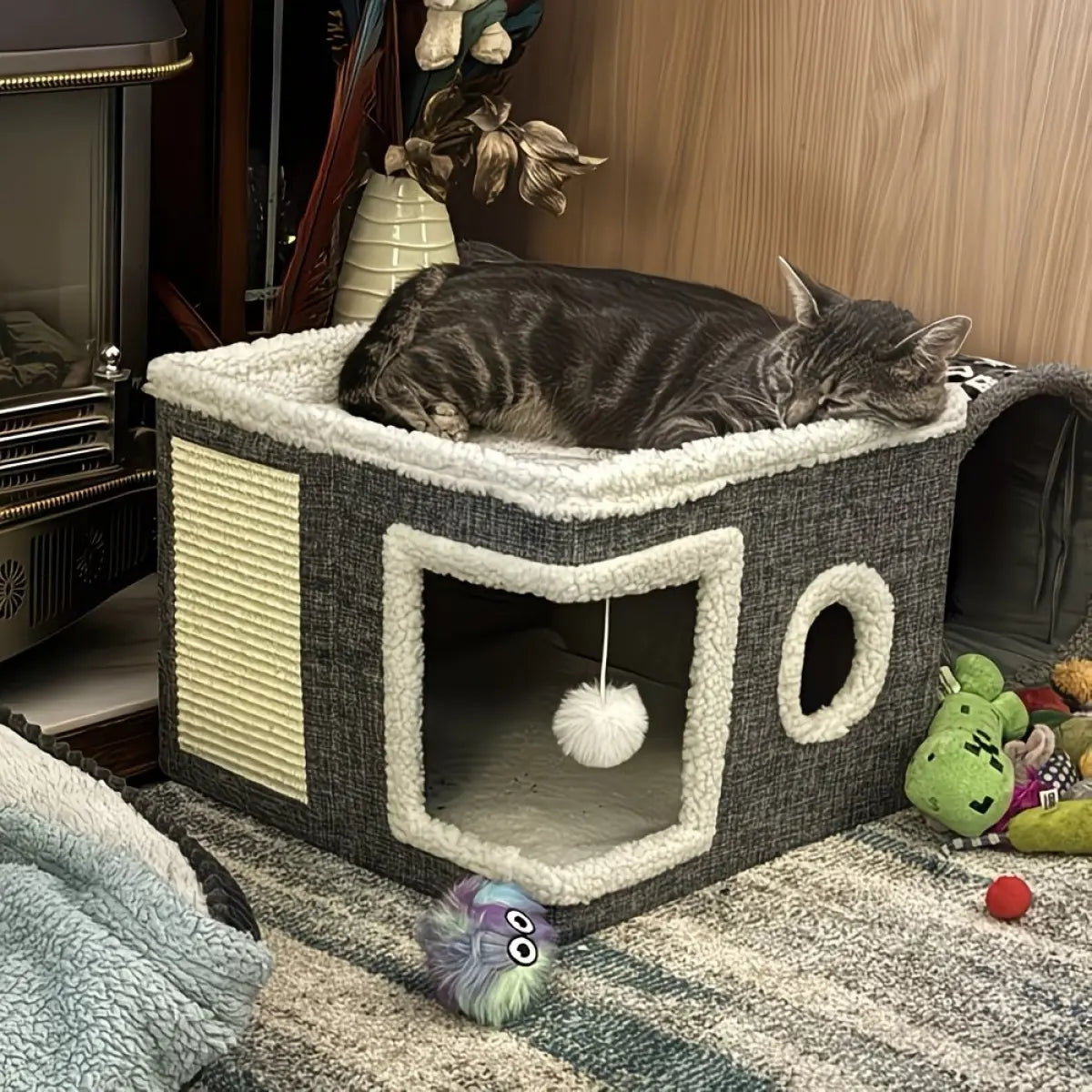 A Cat Bed Suitable for Indoor Cats, with a Large Cat Hole for a Comfortable Apartment, Fluffy Hanging Balls, round Windows, a Foldable Indoor Cat House, Capable of Bearing up to 30 Pounds , with Double-Sided Soft Cushions, Suitable for All Seasons Home