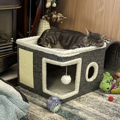 A Cat Bed Suitable for Indoor Cats, with a Large Cat Hole for a Comfortable Apartment, Fluffy Hanging Balls, round Windows, a Foldable Indoor Cat House, Capable of Bearing up to 30 Pounds , with Double-Sided Soft Cushions, Suitable for All Seasons Home