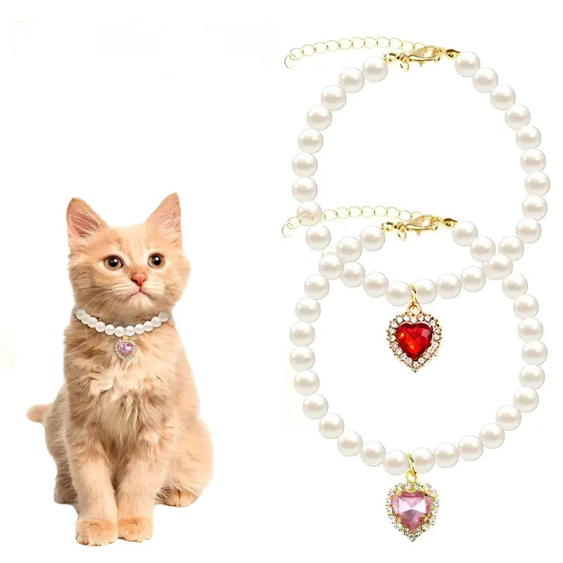 Cat Costume 2-Pack Adjustable Pearl Collars with Heart-Shaped Rhinestones - Cute Pet Neck Accessories for Weddings, Parties