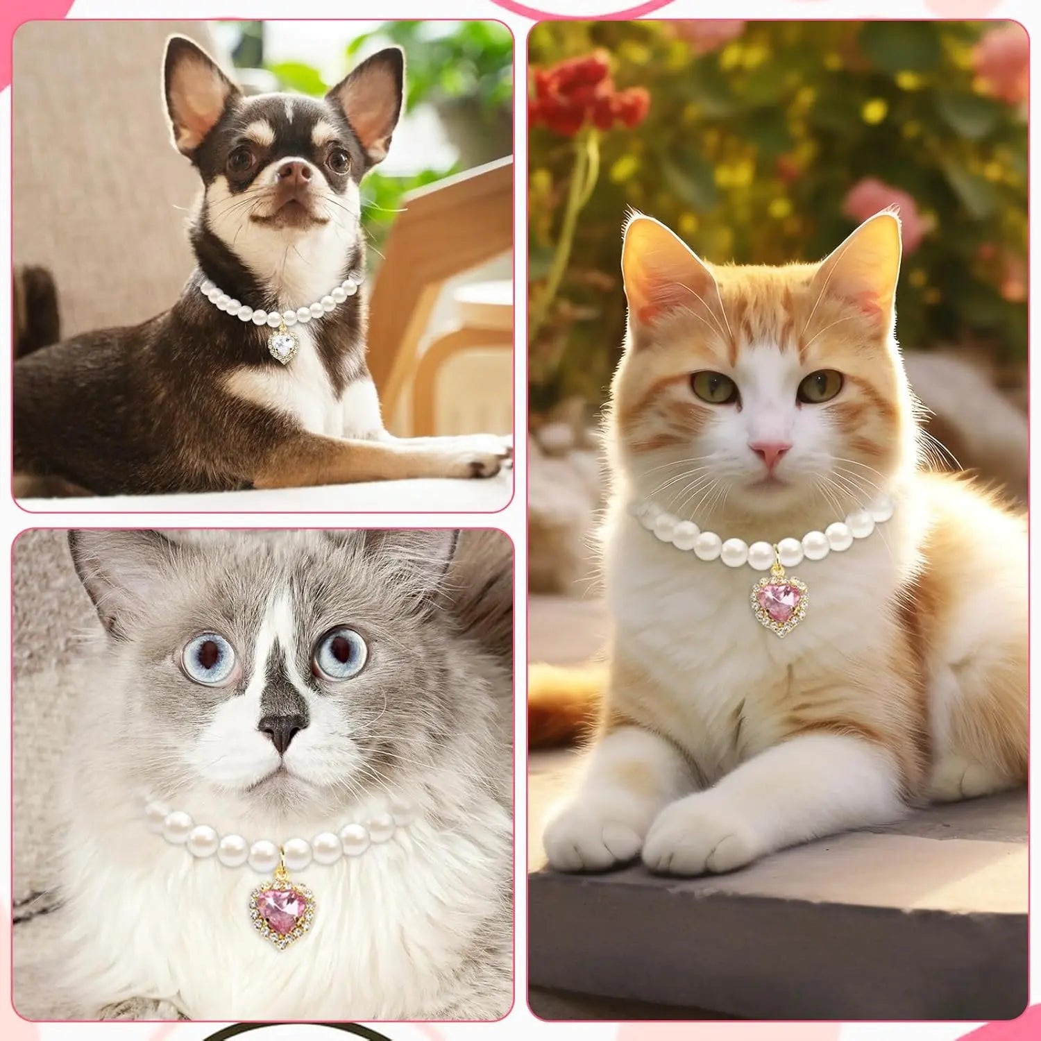 Cat Costume 2-Pack Adjustable Pearl Collars with Heart-Shaped Rhinestones - Cute Pet Neck Accessories for Weddings, Parties