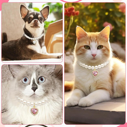 Cat Costume 2-Pack Adjustable Pearl Collars with Heart-Shaped Rhinestones - Cute Pet Neck Accessories for Weddings, Parties